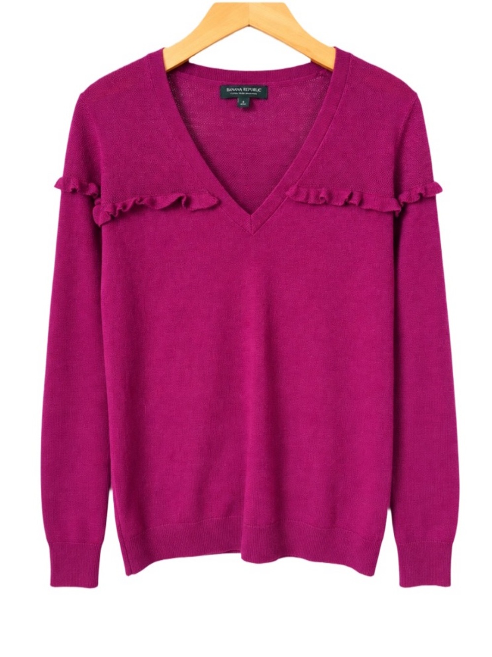 100% Merino Wool Banana Republic Fuchsia Ruffle V-Neck Sweater.